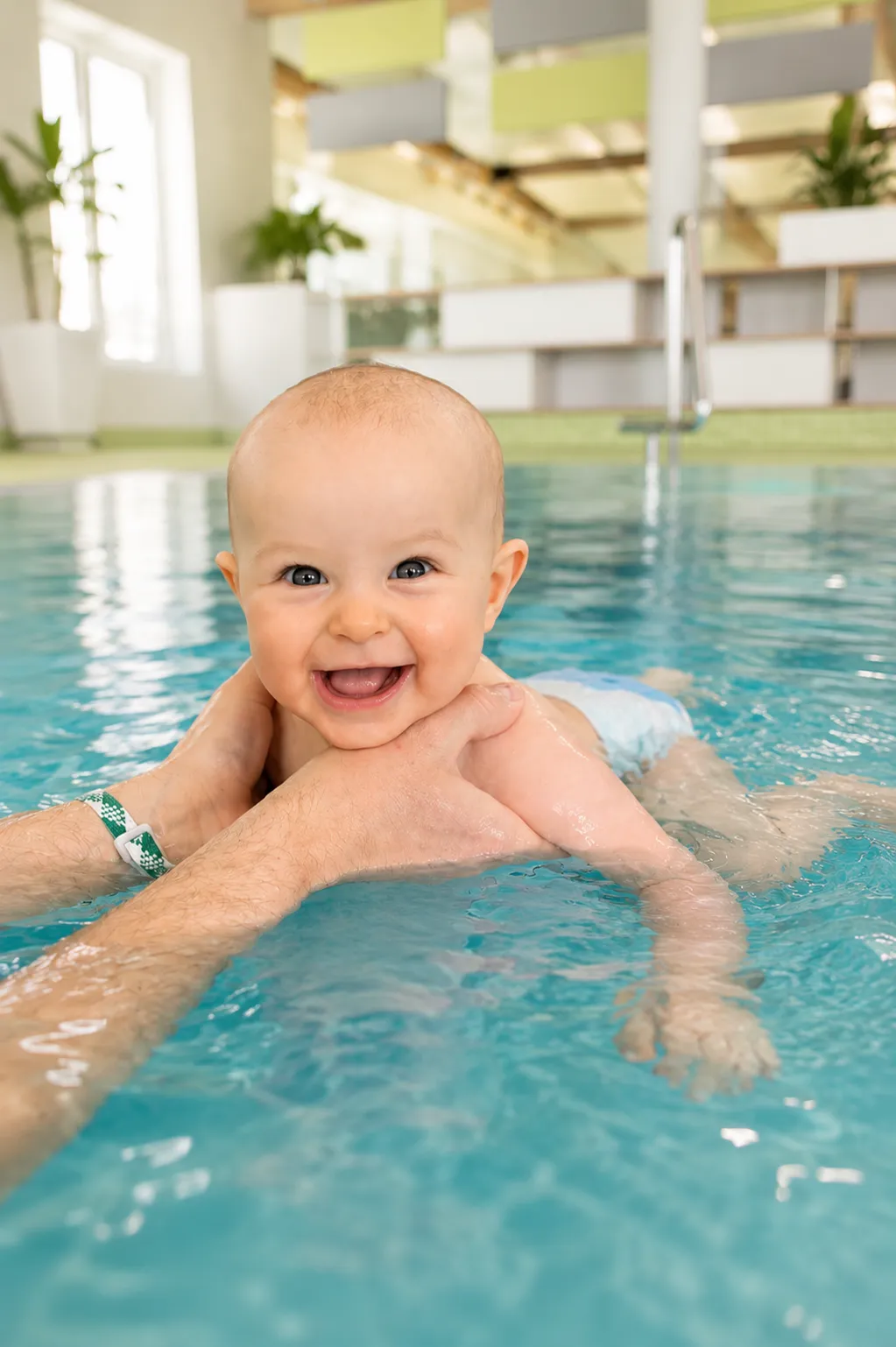 Lachendes Baby wird im Wasser von zwei Händen sicher getragen