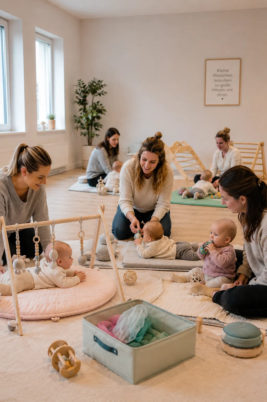 Babys spielen auf weichen Decken, ihre Eltern sitzen daneben im hellen Kursraum